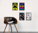 Set of 4 custom gamer-themed collage frames with bold text and gaming graphics on white wall above modern black and wood. - Set of 4 Boys Gaming Set, Gamers Room Frames - 8x12" / Black - Frame World
