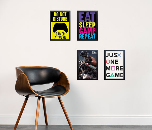 Set of 4 custom gamer-themed collage frames with bold text and gaming graphics on white wall above modern black and wood. - Set of 4 Boys Gaming Set, Gamers Room Frames - 8x12" / Black - Frame World