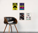 Set of 4 custom gaming collage frames in black and white with colorful and motivational gamer-themed prints on a white wall. - Set of 4 Boys Gaming Set, Gamers Room Frames - 8x12" / Black - Frame World