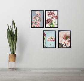 Set of four black aesthetic photo frames arranged as a custom wall collage with floral art prints. - Set of 4 Aesthetic Wall Decoration Photo Frames - 8x12" / Black - Frame World