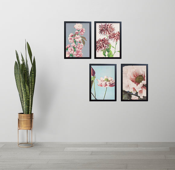 Set of four black aesthetic photo frames arranged as a custom wall collage with floral art prints. - Set of 4 Aesthetic Wall Decoration Photo Frames - 8x12" / Black - Frame World