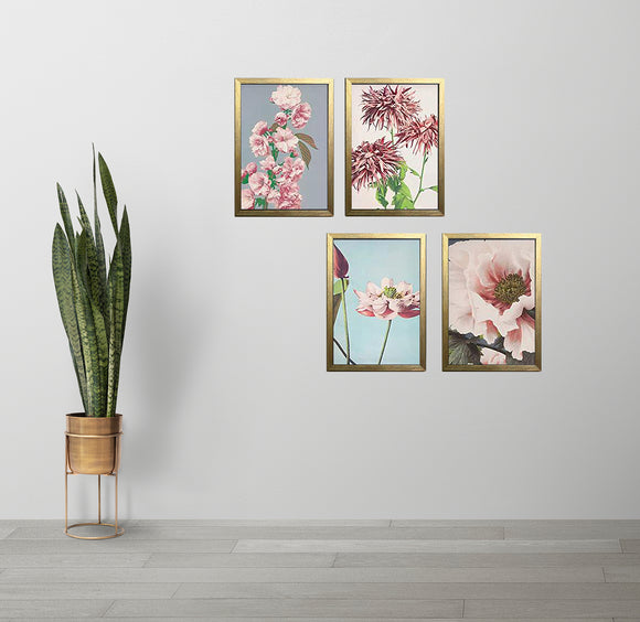 Set of 4 golden photo frames arranged in custom collage with floral artwork on white wall. - Set of 4 Aesthetic Wall Decoration Photo Frames - 8x12" / Black - Frame World