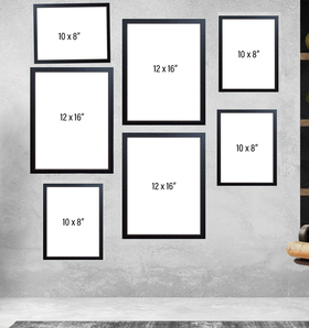 Set of eight black collage photo frames in various large sizes arranged on gray wall. - Pack of 8 Photo Frame Collage set Large frames - Black - Frame World