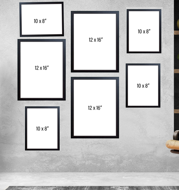 Set of eight black collage photo frames in various large sizes arranged on gray wall. - Pack of 8 Photo Frame Collage set Large frames - Black - Frame World