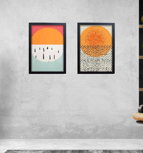 Two black abstract art frames with orange sun designs on textured backgrounds, perfect for custom collage wall decor. - 2 PCS Motivational Quote Picture Frame, Abstract Frames - Black / 8x12" / 1 - abstract frames, art, frame world, home decor, inspiration, motivational frames, office decor, quote frames, wall decor - Frame World