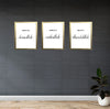 Set of 3 golden frames with custom Islamic Bismillah, Alhamdulillah wall collage on dark gray wall. - Set of 3 Islamic Bismillah, Alhamdulillah Wall Frames - Black / 8x12" - Frame World