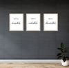 Set of 3 custom golden frames collage with Islamic Bismillah, Alhamdulillah calligraphy on white background. - Set of 3 Islamic Bismillah, Alhamdulillah Wall Frames - Black / 8x12" - Frame World
