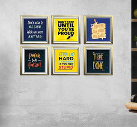 Six motivational quote wall frames in black and gold, arranged as a custom collage on light gray wall. - 6 Pcs Picture Frames Motivational Quotes Wall frame - 8x8" / Black - Frame World