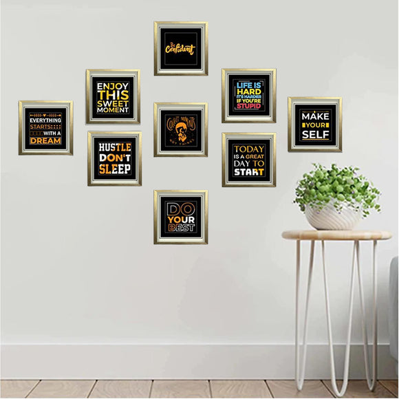 Nine golden frames arranged in a custom collage displaying motivational quotes on black backgrounds. - 9 Pack Picture Frames, Motivational Quote - 8x8" / Black - Frame World