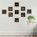 9 black square frames with motivational quotes arranged as a custom wall collage above plant on table. - 9 Pack Picture Frames, Motivational Quote - 8x8" / Black - Frame World