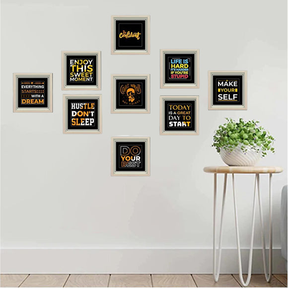 9 black square frames with motivational quotes arranged as a custom wall collage above plant on table. - 9 Pack Picture Frames, Motivational Quote - 8x8" / Black - Frame World