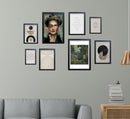 Black collage frames with abstract and botanical art in various sizes arranged on gray wall. - 8 Pcs Aesthetic Abstract Photo Frame set for Wall 12" x 16" (2 piece) , 8" x 12" (4 pieces) and 6" x 8" (2 pieces) - Black - Frame World