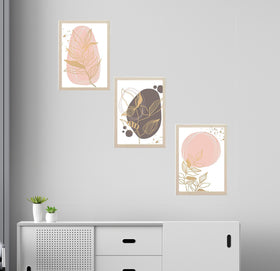 Set of 3 abstract art frames with botanical designs in soft pink and dark brown gold accents, custom collage style. - Set of 3 Abstract Art Frame set - 8x12" / Black / 1 - Frame World