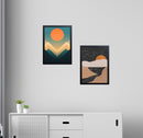 Two black abstract frames with motivational quotes and sunset designs hanging above white modern cabinet, perfect for custom . - 2 PCS Motivational Quote Picture Frame, Abstract Frames - Black / 8x12" / 1 - abstract frames, art, frame world, home decor, inspiration, motivational frames, office decor, quote frames, wall decor - Frame World