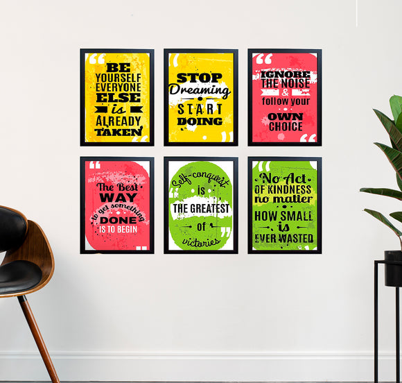 Six black 8x12" frames collage with colorful inspirational quote prints on white wall. - 6 Pcs Inspirational Quote Frames set - 8x12" / Black / 1 - 5x5, 6 pc - Frame World