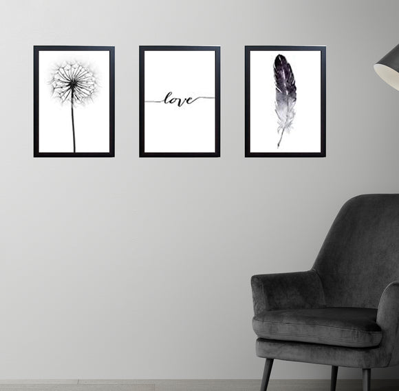 Set of 3 black frames with abstract black and white designs in a custom collage arrangement on gray wall. - Set of 3 Abstract Art Frame set - 8x12" / Black / 1 - Frame World