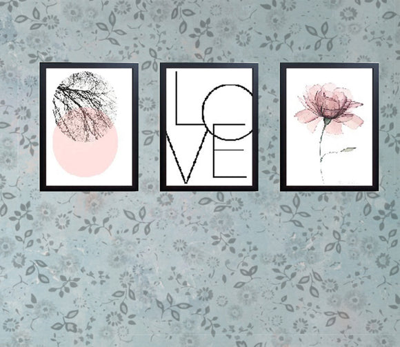 Set of 3 black frames featuring abstract floral and modern typography collage art in soft pink and black tones. - Set of 3 Abstract Art Frame set - 8x12" / Black / 1 - Frame World