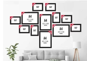 Black collage photo frames set with 12 custom rectangular frames arranged above a gray sofa. - Pack of 12- Collage Photo Frames set - Black - 12 pc - Frame World