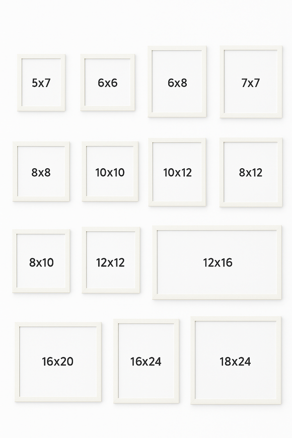 White custom collage frames in various sizes from 5x7 to 18x24 arranged in a grid. - Custom Collage Wall Frame Set – Personalized Gallery Decor - 4x4" / Black - Frame World