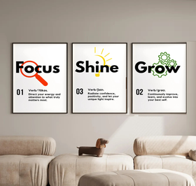 Three motivational posters titled 'Focus', 'Shine', and 'Grow' on a wall above a sofa.