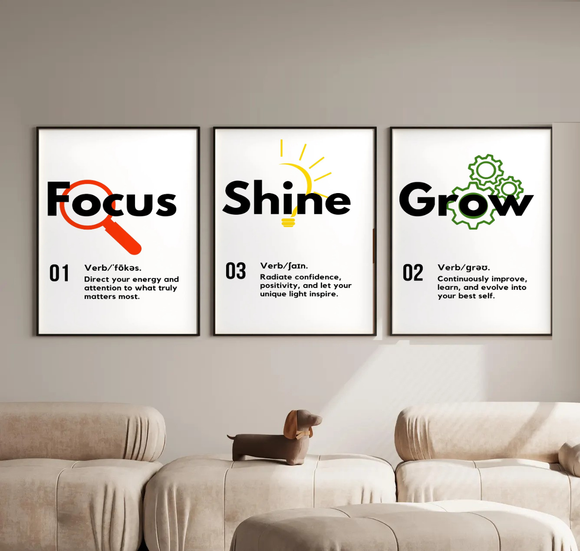 Three motivational posters titled 'Focus', 'Shine', and 'Grow' on a wall above a sofa.
