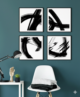 Set of 4 Black & White Abstract Frame set , Bold Brushstrokes , Modern Gallery Wall frames