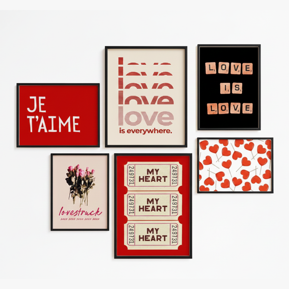 6 pc valentine Frame for Room decor, Love theme red Frame set (2 pc 12x16", 4 pc 8x12")