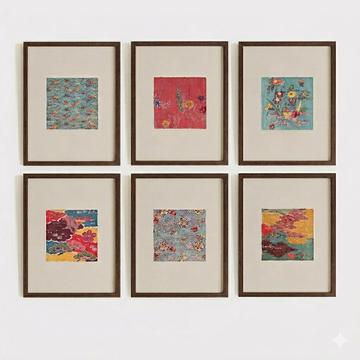 Vintage Gallery Wall Set of 6, Antique Wall Art Set, Blue Japanese Tapestry Art, Minimalist Boho Decor - 0