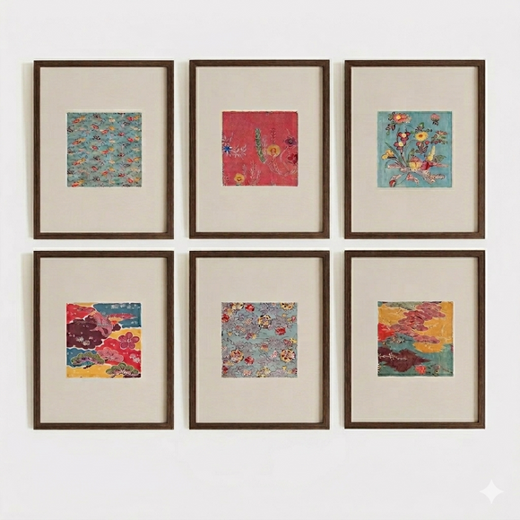 Vintage Gallery Wall Set of 6, Antique Wall Art Set, Blue Japanese Tapestry Art, Minimalist Boho Decor