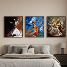 Bedroom with abstract art above a bed