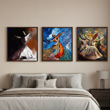 Bedroom with abstract art above a bed