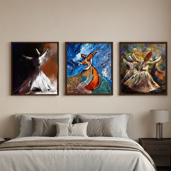 Bedroom with abstract art above a bed