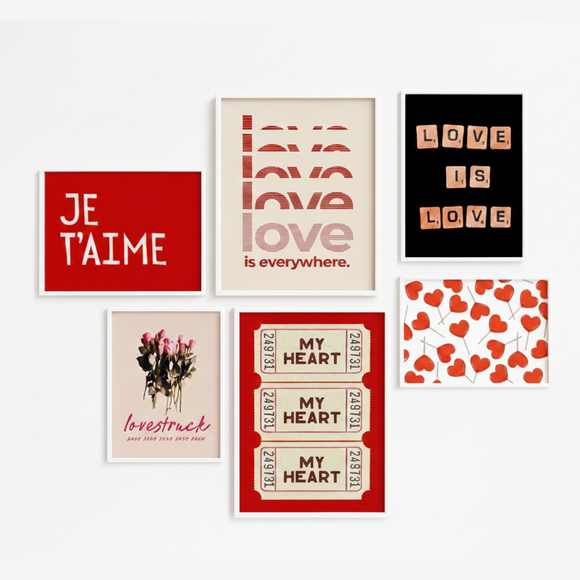 6 pc valentine Frame for Room decor, Love theme red Frame set (2 pc 12x16", 4 pc 8x12")