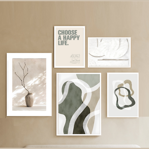 Pack of 5 Home Wall Art Abstract Plant Green Modern Frame set