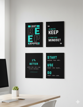 Motivational posters on a wall with a desk and computer in the foreground.
