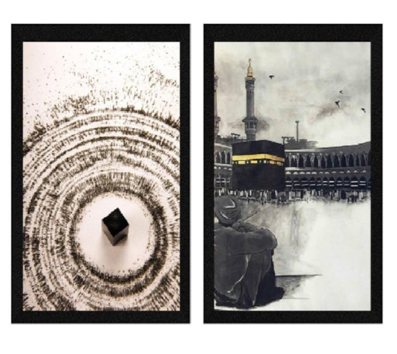 Set of 2 custom black frames featuring Kaaba collage art with mosque and abstract designs. - 2 pcs Islamic Kaaba Frames - 8x12 / Black - Frame World