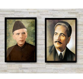 Custom black frames collage featuring portraits of Allama Iqbal and Quaid e Azam on textured wall. - 2 pc Allama iqbal, Quaid e Azam Frames - 12x16 / Black - Frame World