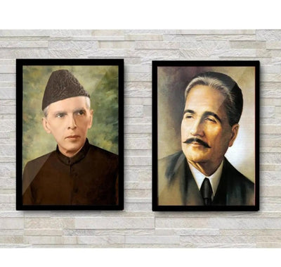 Custom black frames collage featuring portraits of Allama Iqbal and Quaid e Azam on textured wall. - 2 pc Allama iqbal, Quaid e Azam Frames - 12x16 / Black - Frame World