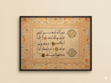 Decorative framed artwork with Arabic calligraphy on a beige background