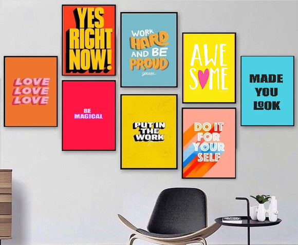 Colorful collage of eight custom quote frames in black, white, and golden styles on wall above chair. - 8 Pcs Colorful Theme Frames, Girls Room Quote Frames - Black / 8x12" - Frame World