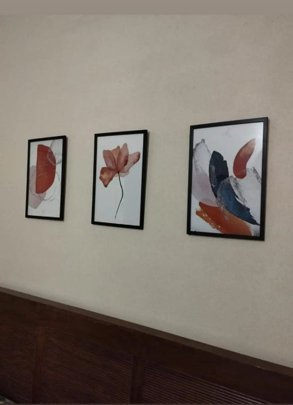 Set of 3 abstract photo frames in black with modern artistic prints, perfect for contemporary wall decor.