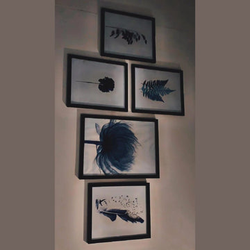 Set of 5 black frames collage featuring custom abstract botanical prints in various sizes. - 5 Pcs Abstract Wall Art Frame set [ 12" x 16" (1 piece) , 10" x 12" (4 pieces)] - Black - Frame World