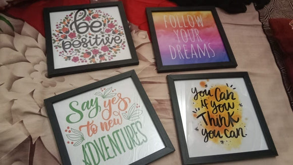 Set of four black frames with colorful inspirational quotes arranged as a collage on a textured surface. - Pack of 4 Inspirational Quote Frames, Motivational Quotes - Black / 7x7" / 1 - 4 pc, 5x5 - Frame World
