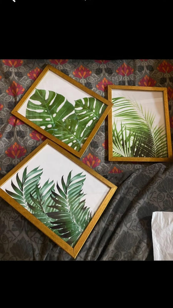 Three golden frames with tropical leaf prints arranged in a custom collage on dark fabric background. - 3-Piece Tropical Leaf Wall Frame Set – Modern Botanical Decor - 8x10" / Black - Frame World