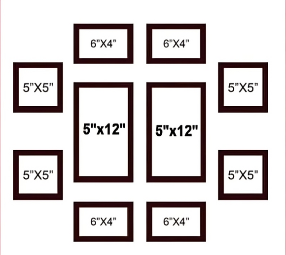 Set of 10 custom brown collage frames in various sizes arranged symmetrically on a white background. - Set of 10 Collage Photo Frames - Black - Frame World