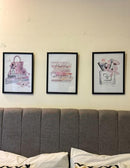 Custom black frames collage featuring three glossy makeup-themed quote prints above a tufted gray headboard. - Makeup Quotes Wall Frame Set – 3-Piece Glossy Print Decor - Black / 8x12" / a4 - Frame World