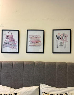 Custom black frames collage featuring three glossy makeup-themed quote prints above a tufted gray headboard. - Makeup Quotes Wall Frame Set – 3-Piece Glossy Print Decor - Black / 8x12" / a4 - Frame World