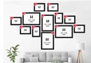 Black collage photo frames set with 11 custom rectangular frames arranged above a gray sofa. - Pack of 12- Collage Photo Frames set - Black - 11 pc - Frame World