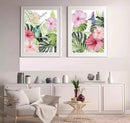 White frames with tropical floral collage prints featuring pink hibiscus and green leaves on wall above beige armchair and. - 2 PCS Motivational Quote Picture Frame, Abstract Frames - Black / 8x12" / 1 - abstract frames, art, frame world, home decor, inspiration, motivational frames, office decor, quote frames, wall decor - Frame World