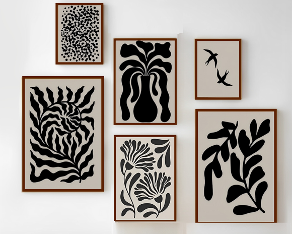 6 Pack Earth Tone Gallery Wall Large Abstract Botanical Print Frame set ( 12x18" 2 pc, 10x14" 2 pc, 8x10" pc)